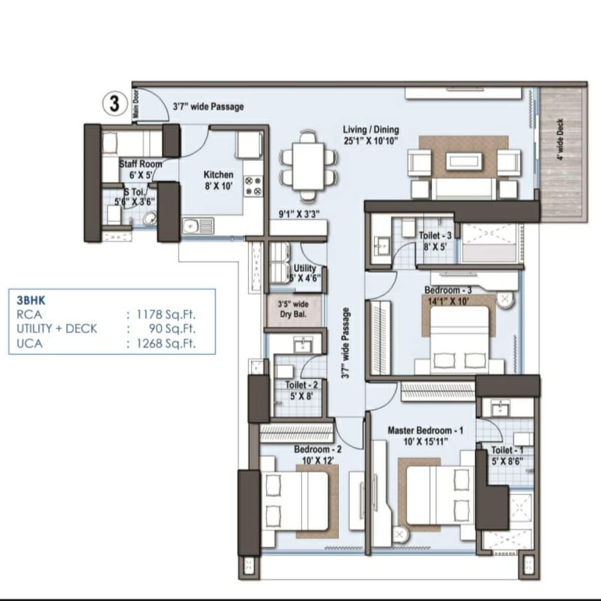 Raheja-The-Rivere-Floor-Plan-3-BHK-1268-Sqft